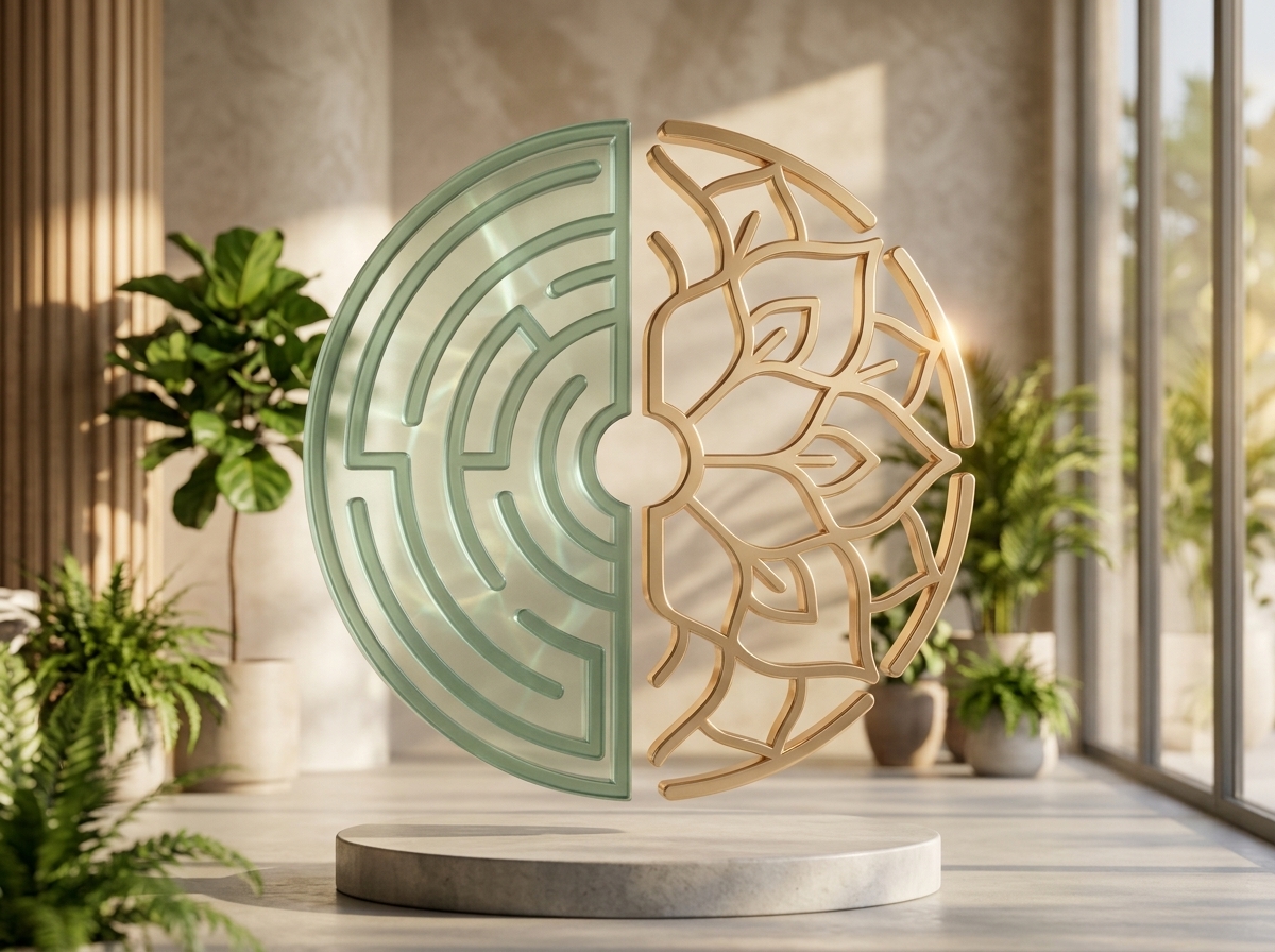 Escultura 3D símbolo do programa Mente em Equilíbrio com labirinto e flor de lótus